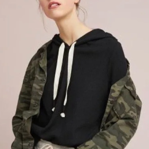 Anthropologie Tops - Anthropologie Postmark Black Ribbed Rosalie Hoodie Pullover Top